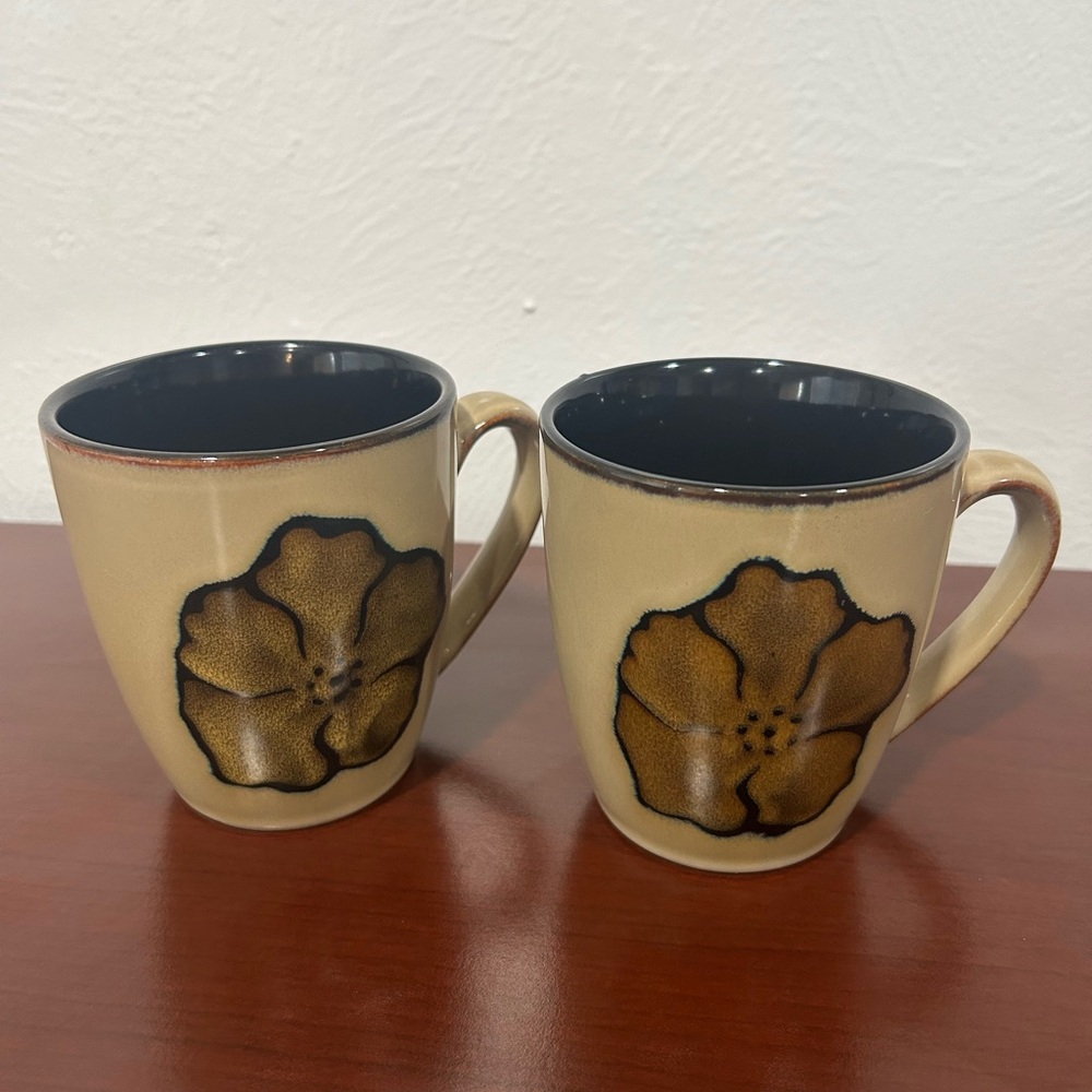 Beige Floral Ceramic Coffee Mug - Set of 2